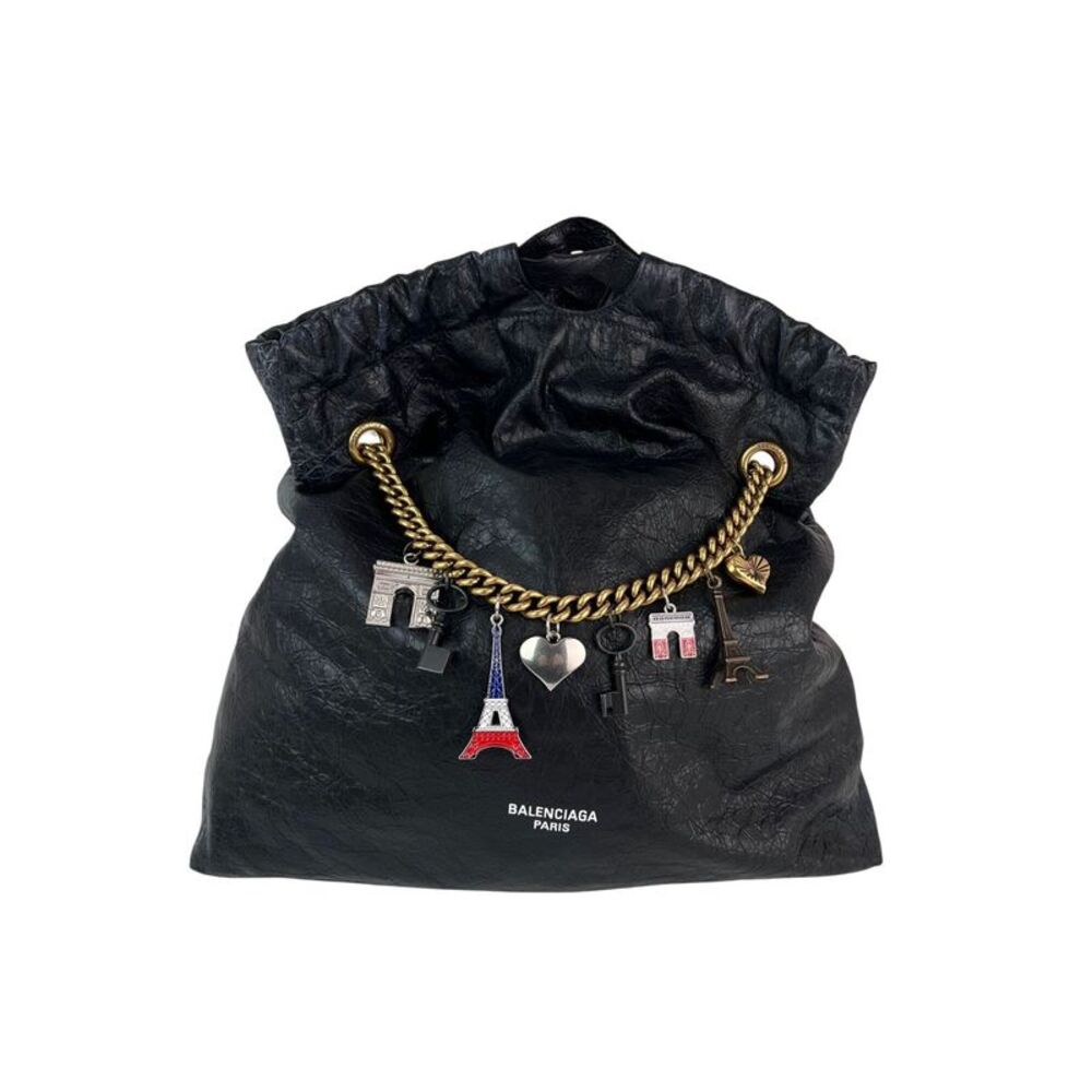Balenciaga Leather Crush Medium Black Paris Charms Tote Bag